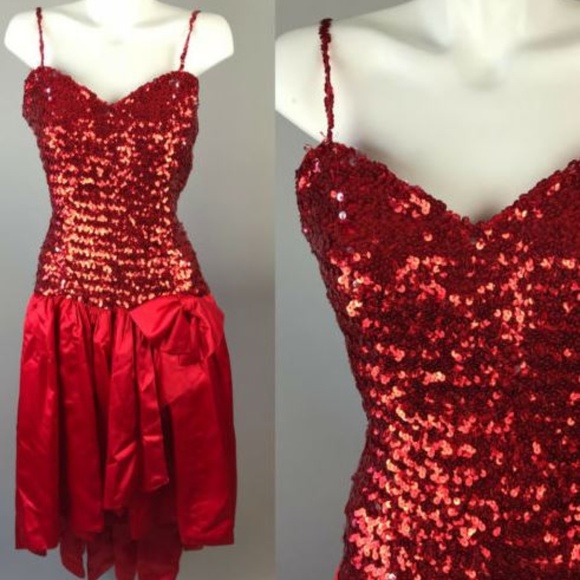 Vintage Dresses & Skirts - Vtg 90s Red Sequin Spaghetti Strap Prom Dress
